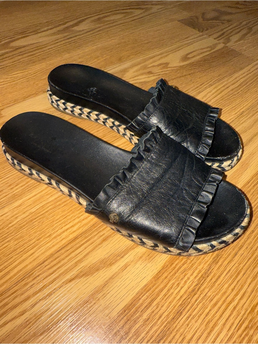 Kate Spade New York Zahara slide sandals black leather ruffle trim jute sole